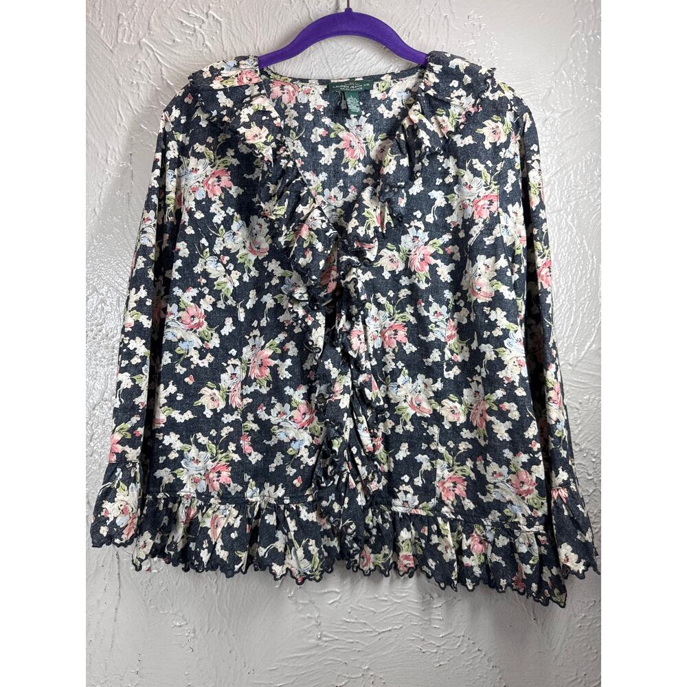 LRL Lauren Ralph Lauren Womens Black Floral‎ Ruffle Blouse Shirt Top Size Large